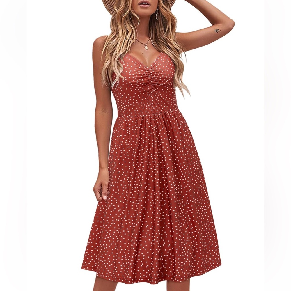 Sundress V Neck Floral Spaghetti Strap Casual Midi Beach Dress with Pockets-New